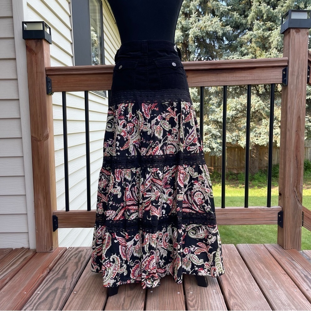Vintage d. Jeans Mixed Fabric Floral Tiered Maxi Skirt Size 14 Boho Y2K New - Picture 2 of 14